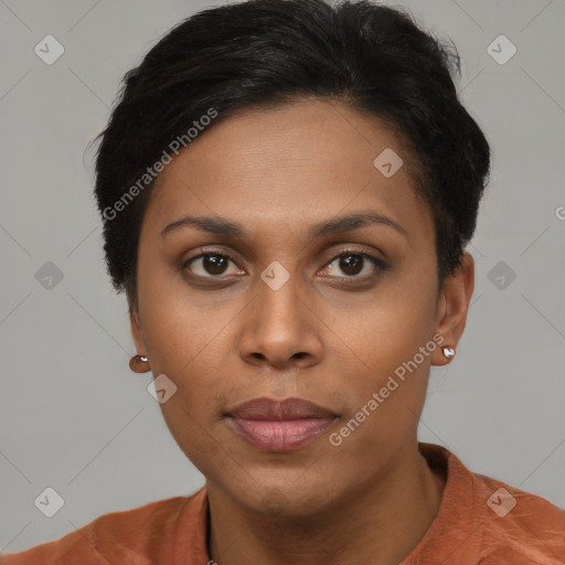 Neutral asian young-adult female with short  brown hair and brown eyes