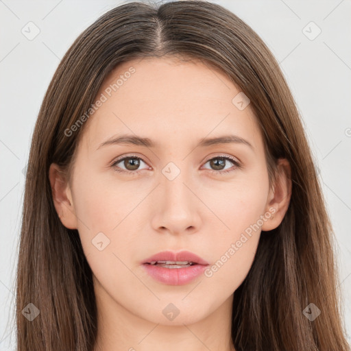 Neutral white young-adult female with long  brown hair and brown eyes