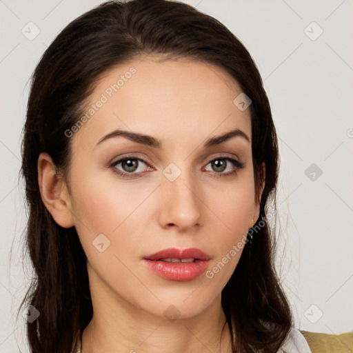 Neutral white young-adult female with long  brown hair and brown eyes