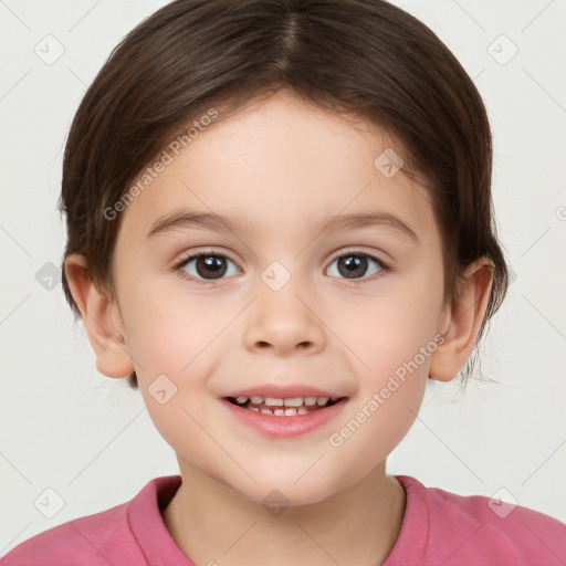 Joyful white child female with medium  brown hair and brown eyes