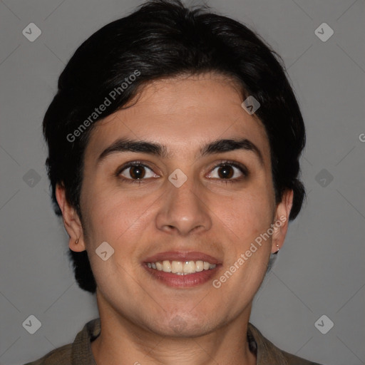 Joyful white young-adult male with short  brown hair and brown eyes