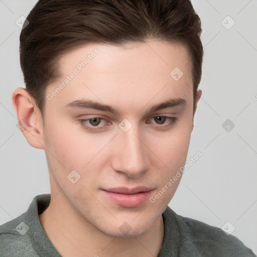 Neutral white young-adult male with short  brown hair and brown eyes