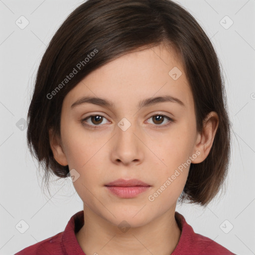 Neutral white young-adult female with medium  brown hair and brown eyes