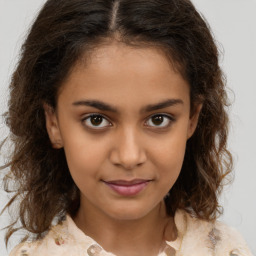 Joyful white child female with medium  brown hair and brown eyes