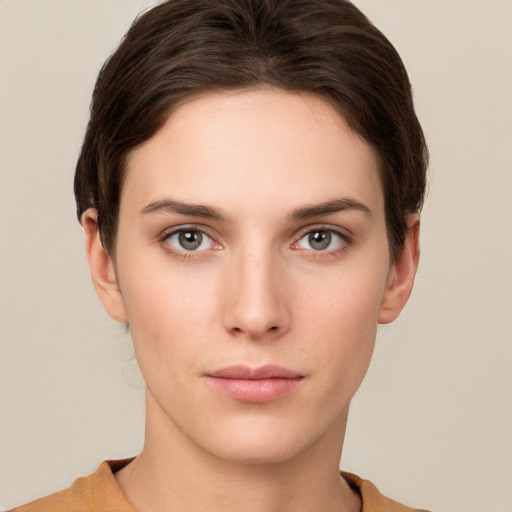 Neutral white young-adult female with short  brown hair and brown eyes