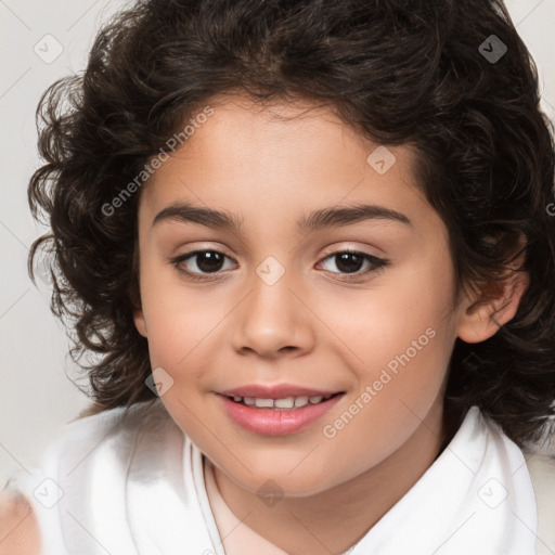 Joyful white child female with medium  brown hair and brown eyes