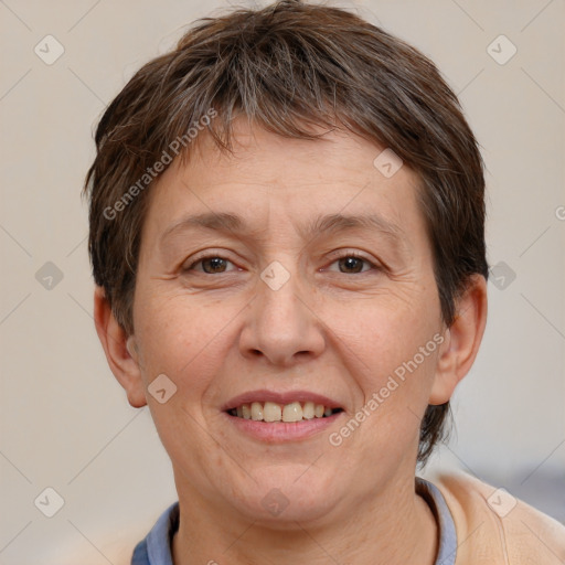 Joyful white adult female with short  brown hair and brown eyes