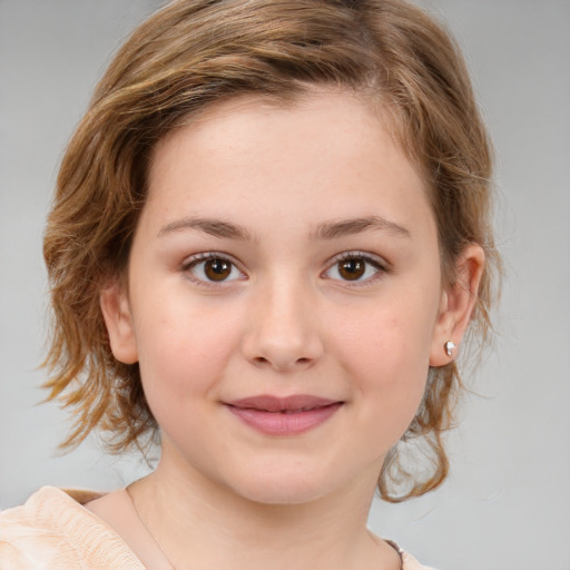 Joyful white child female with medium  brown hair and brown eyes