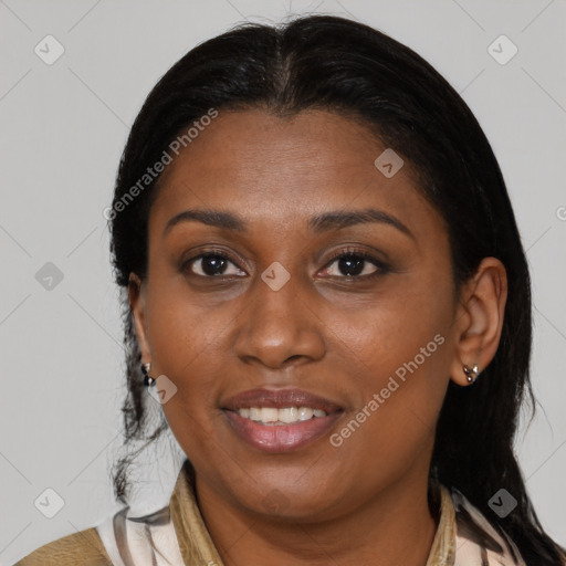 Joyful latino young-adult female with medium  brown hair and brown eyes