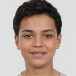 Joyful latino young-adult male with short  brown hair and brown eyes