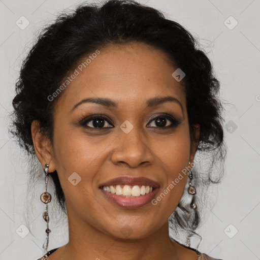 Joyful latino adult female with medium  brown hair and brown eyes