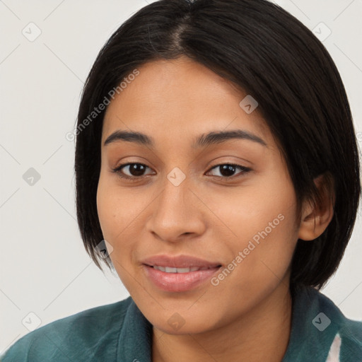 Joyful latino young-adult female with long  black hair and brown eyes