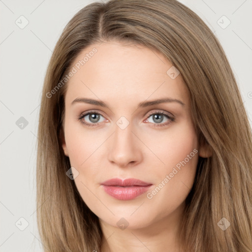 Neutral white young-adult female with long  brown hair and brown eyes