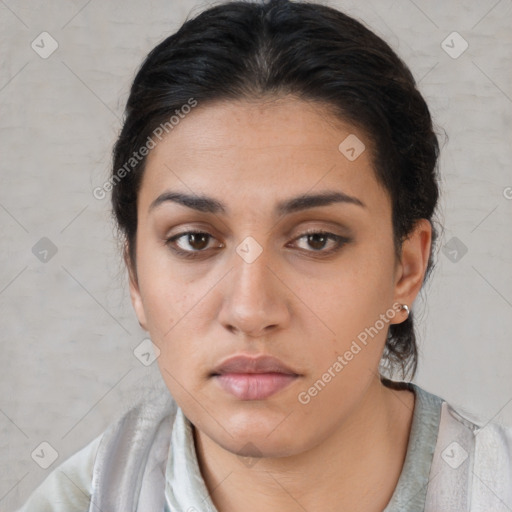 Neutral white young-adult female with medium  brown hair and brown eyes