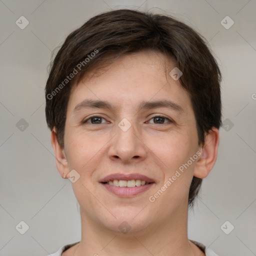 Joyful white young-adult female with short  brown hair and brown eyes