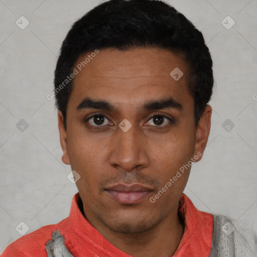 Neutral latino young-adult male with short  black hair and brown eyes