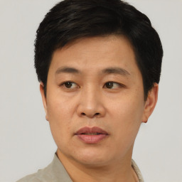 Neutral asian adult male with short  black hair and brown eyes