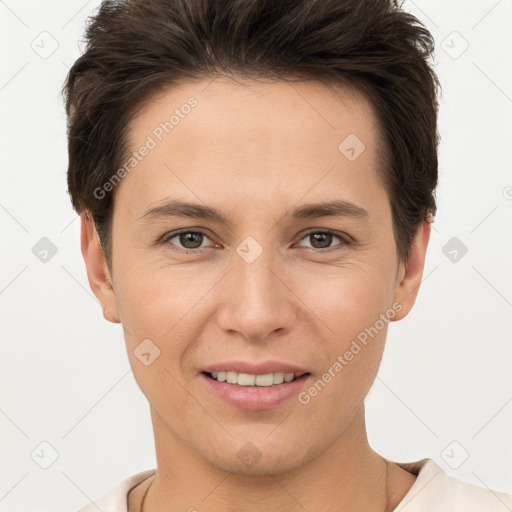 Joyful white young-adult female with short  brown hair and brown eyes