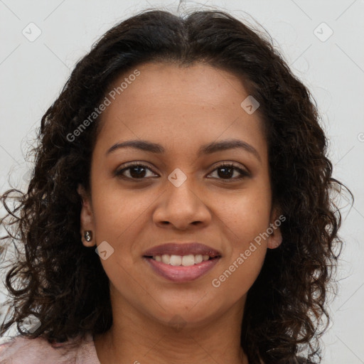 Joyful latino young-adult female with long  brown hair and brown eyes