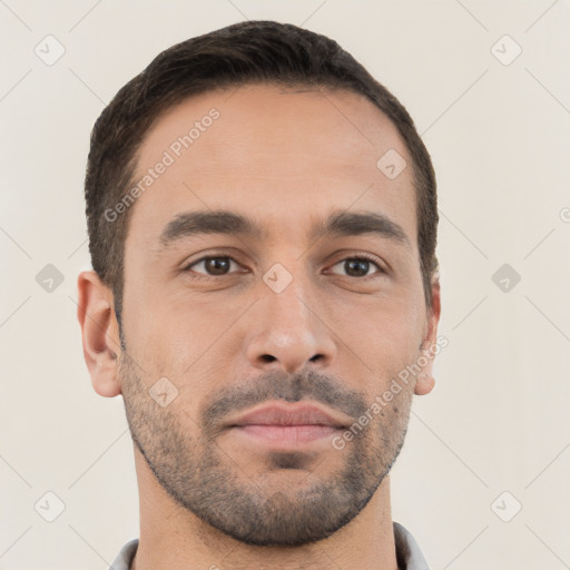 Neutral white young-adult male with short  brown hair and brown eyes