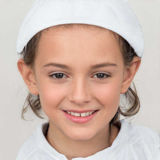 Joyful white child female with medium  brown hair and brown eyes