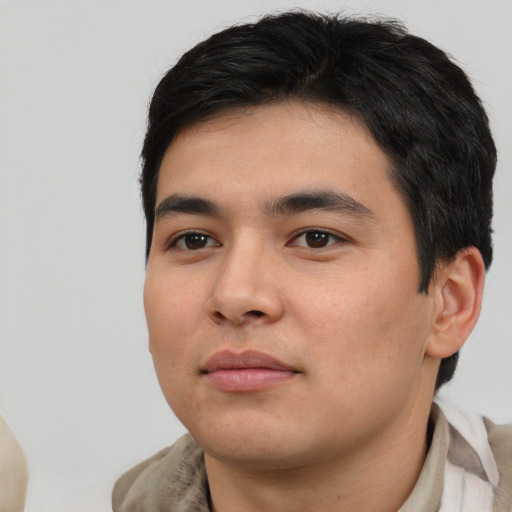 Neutral asian young-adult male with short  black hair and brown eyes