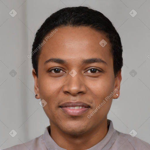 Joyful black young-adult male with short  black hair and brown eyes