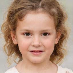 Joyful white child female with medium  brown hair and brown eyes