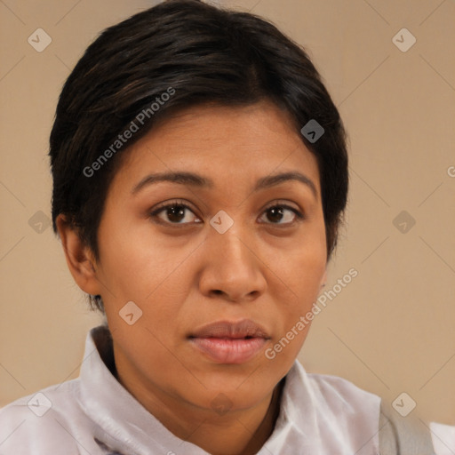 Joyful latino young-adult female with short  brown hair and brown eyes