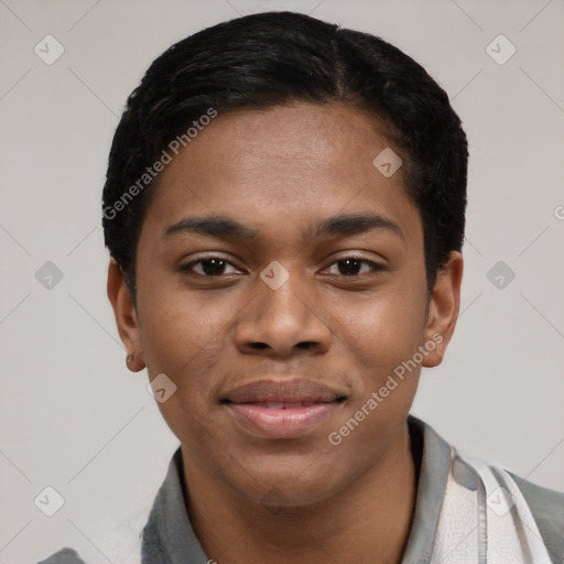 Joyful black young-adult female with short  black hair and brown eyes