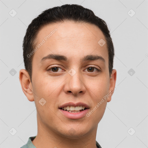 Joyful white young-adult male with short  brown hair and brown eyes