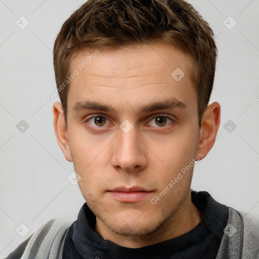 Neutral white young-adult male with short  brown hair and grey eyes