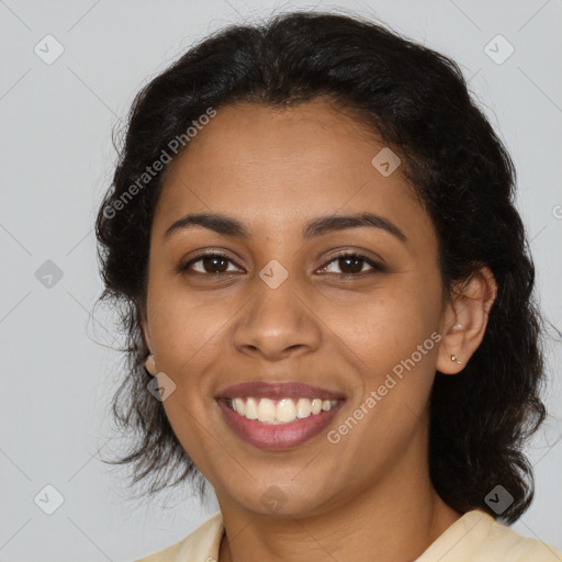 Joyful latino young-adult female with long  brown hair and brown eyes