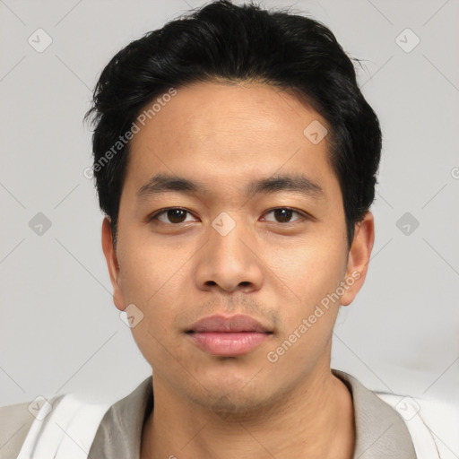 Neutral asian young-adult male with short  black hair and brown eyes