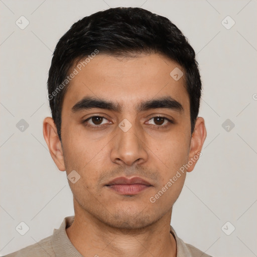 Neutral latino young-adult male with short  black hair and brown eyes