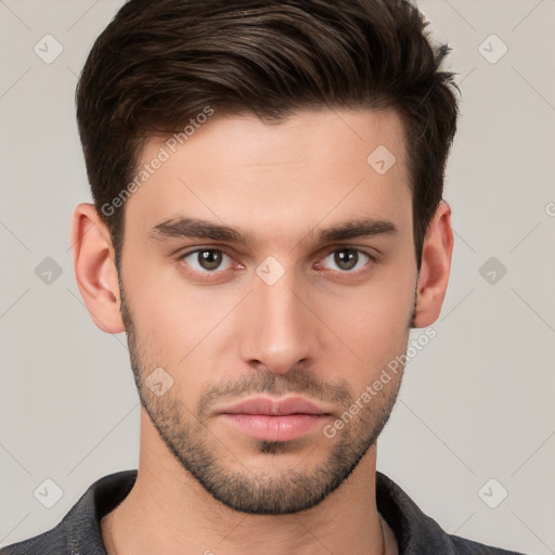 Neutral white young-adult male with short  brown hair and brown eyes