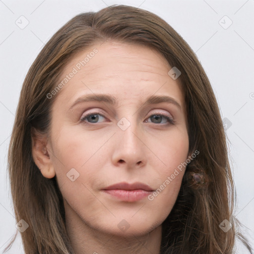 Neutral white young-adult female with long  brown hair and grey eyes