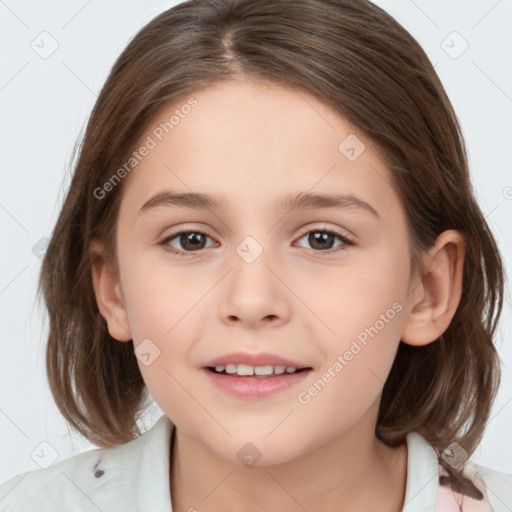 Joyful white child female with medium  brown hair and brown eyes