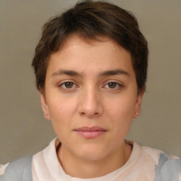 Neutral white young-adult female with short  brown hair and brown eyes