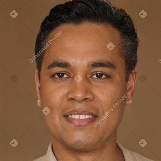 Joyful latino adult male with short  brown hair and brown eyes