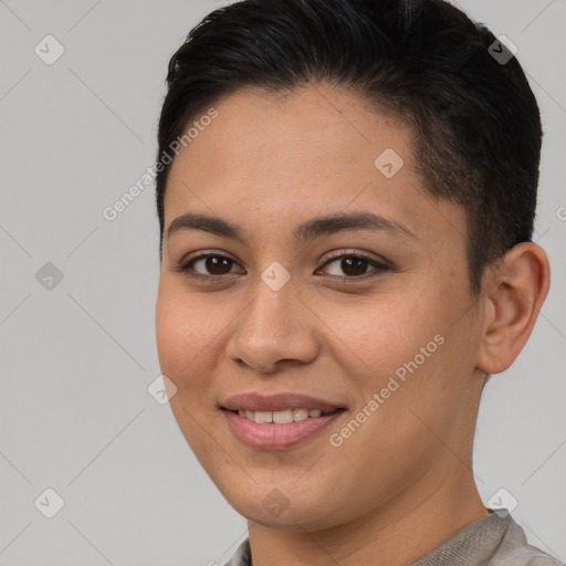 Joyful white young-adult female with short  brown hair and brown eyes