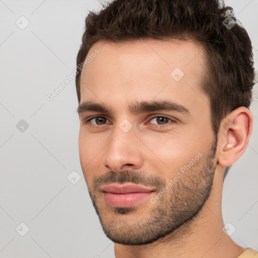 Neutral white young-adult male with short  brown hair and brown eyes