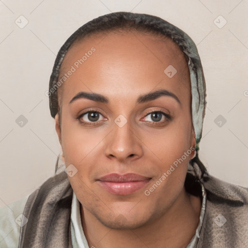 Joyful white young-adult female with short  black hair and brown eyes