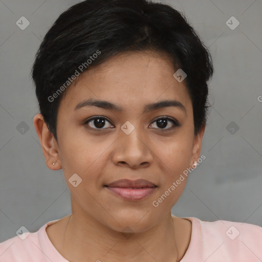 Joyful asian young-adult female with short  brown hair and brown eyes