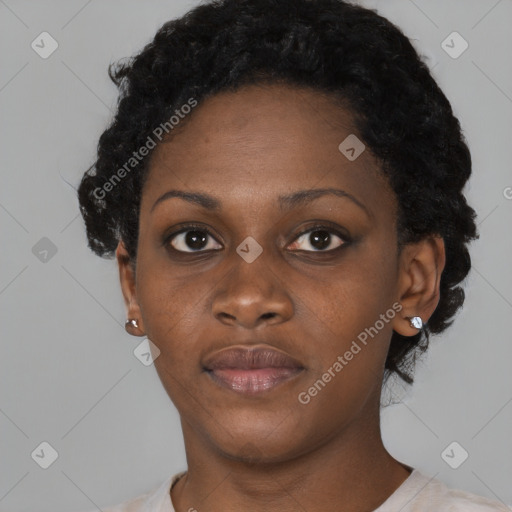 Neutral black young-adult female with short  black hair and brown eyes