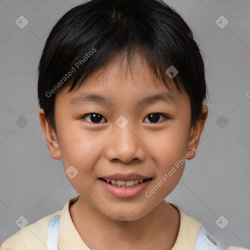 Joyful white child female with short  brown hair and brown eyes