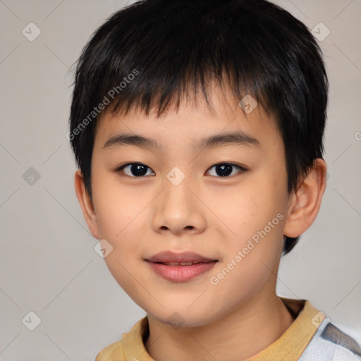 Joyful asian child male with short  brown hair and brown eyes