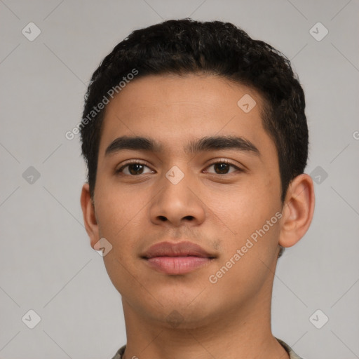 Neutral latino young-adult male with short  black hair and brown eyes