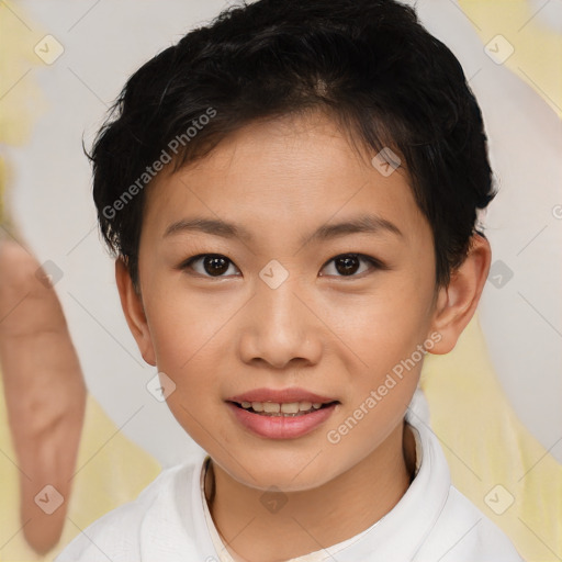Joyful white child female with short  brown hair and brown eyes