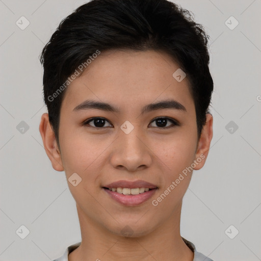 Joyful asian young-adult female with short  black hair and brown eyes